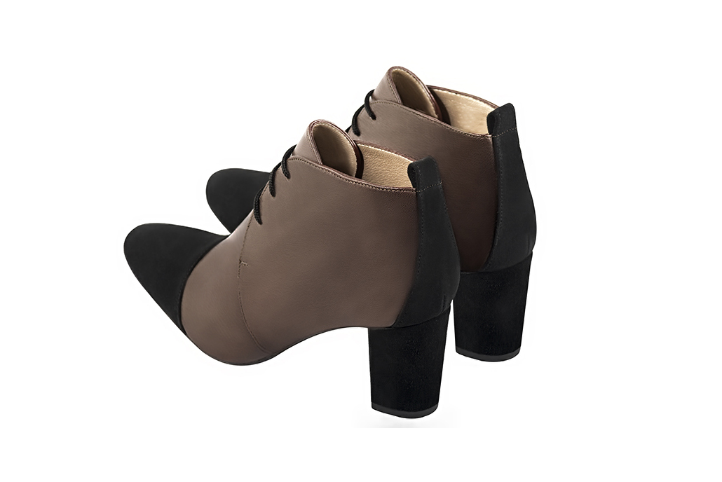Matt black and dark brown women's ankle boots with laces at the front. Round toe. Medium block heels. Rear view - Florence KOOIJMAN